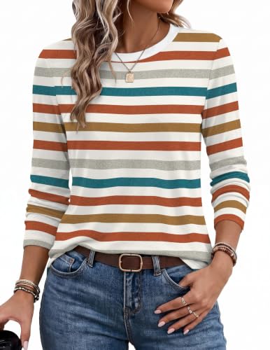 Ekouaer Shirts for Women Long Sleeve Tops Crew Neck Fall Clothes Stripe
