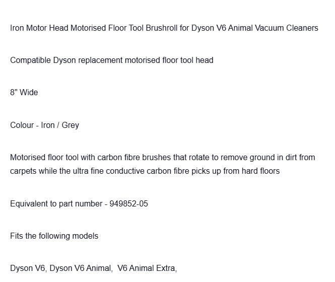 Replacement for Dyson Motor Head 8" Wide Motorized Brushroll for V6 Animal Vacuum Cleaners OEM