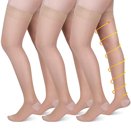 3 Pairs Thigh High Sheer Compression Socks 20-30 Mmhg Sheer Compression Stockings With Silicone Top For Women Ladies (Large) #TOP25