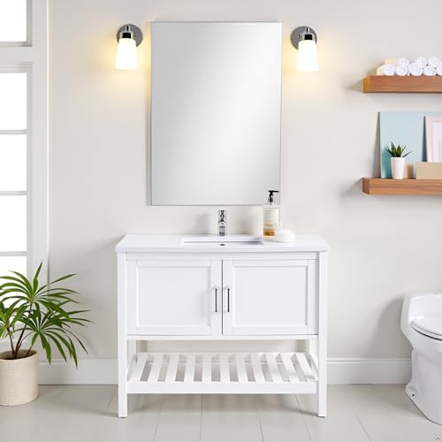 Image of Alaterre Furniture Bennet Bathroom Vanity Cabinet with Soft-Close Shaker Doors and Open Shelf - 36-Inch Freestanding Wood Vanity Without Sink - Single Sink Base (White)