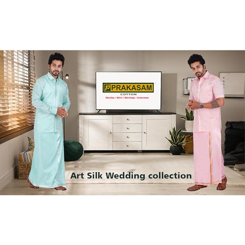 Image of PRAKASAM COTTON-Mens Art Silk Wedding Set /Art Silk 8 Mulam (8-Yard) Dhoti and Stitched Shirt for mens