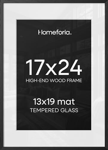 Image of Homeforia 17x24 Picture Frame Black Wood, High End Oak 17x24 Poster Frames with Mat 13x19 Photo, 17 x 24 Wooden Frame Matted to 13 by 19 Print, 24x17 Hanging Frames, Tempered Glass, Wall Kit, Set of 2