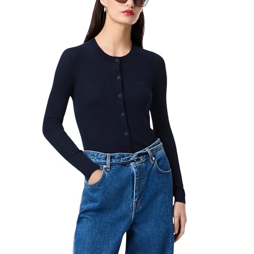 Lacoste Women's Rib Knit Merino Wool Cardigan, Navy Blue, 12