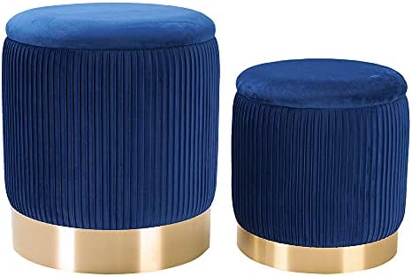 YYW HOME Ottoman with Storage - Bule Velvet Ottoman for Living Room, Velvet Storage Ottoman for Kids Room,Gold Ottoman with Storage, Vanity Chair for Bedroom,Set of 2 Velvet Ottoman (Blue)