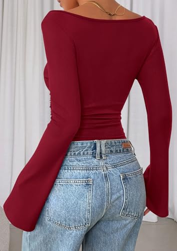 Image of PRETTYGARDEN Women Long Sleeve Shirt 2025 Crop Casual Boat Neck Bell Sleeve Ribbed Ruched Y2K Clothing