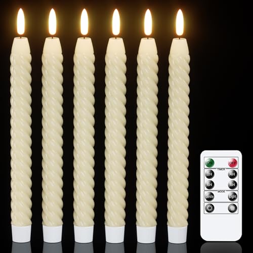 Image of Spiral Flameless Taper Candles with Remote Timer, Real Wax Battery Operated Taper Candles Flickering, LED Candlesticks with Realistic 3D Wick for Wedding Home Decor (Ivory, Set of 6)