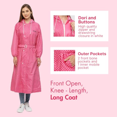 Image of Citizen Polyester Reversible Casual Style Raincoat For Women With Inbuilt Hood,Waist Belt & Matching Carry Pouch|Stylish Polka Dot Design|Durable & Lightweight Rainsuit With High Tearing Strength