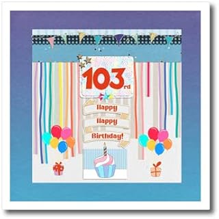 3dRose 10x10 Iron on Heat Transfer for White Material - Image of 103rd Birthday Tag, Cupcake, Candle, Balloons, Gift, Streamer Birthday Design