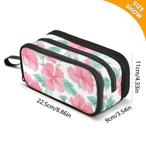 Image of ALAZA Pink Hibiscus Flower Pattern Large Pencil Case, Pen Pouch Pencil Bag with 3 Compartments Pen Holder Organizer Stationery Bag