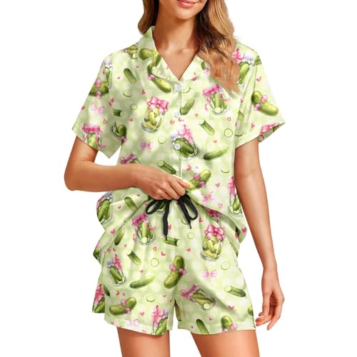 LEOPOM Pickles Womens Satin Pajama Sets for Women Pickles Pjs short Sleeve Top and Shorts Two Piece Outfits L