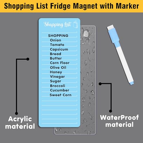 Image of Clickedin Magnetic Shopping List Grocery Fridge Magnet, 10x24 cm Acrylic Board with Marker (Cyan Blue)