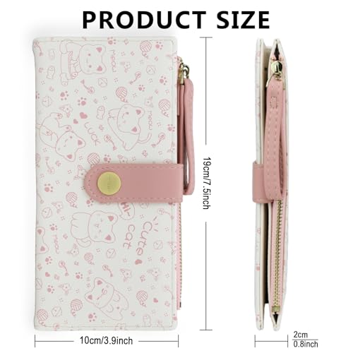Pink Cat Pattern Wallet for Women and Ladies Long Leather Coin Purse with Cute Kawaii Design Minimalist Credit Card Holder and ID Window Travel Cash Wallet for Ladies3