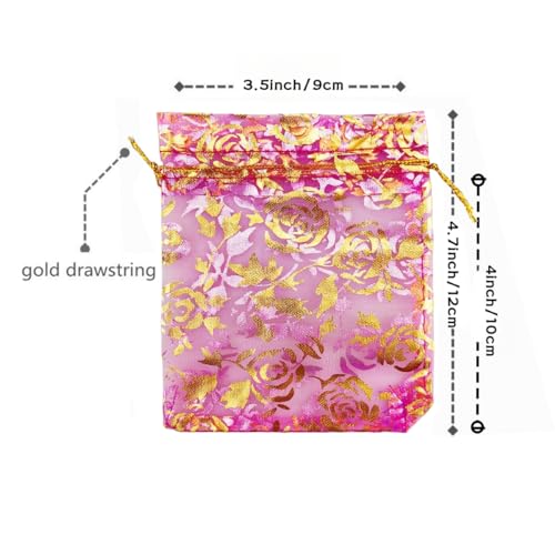 Image of 100 pcs 3.5 x 4.7 Inch Flower Heart Organza Jewelry Gift Pouch Candy Pouch Drawstring Wedding Favor Bags X92 (fuchsia gold flower)