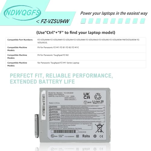 Image of FZ-VZSU94W FZ-VZSU94R Laptop Battery Compatible with Toughpad FZ-B2 FZ-M1 FZ-B1 FZ-M1C Series Compatible with FZ-VZSU94 FZ-VZSU94JS FZ-VZSU94K FZ-VZSU95 FZ-VZSU95W FZ-VZSU95JS FZ-VZSU0JW