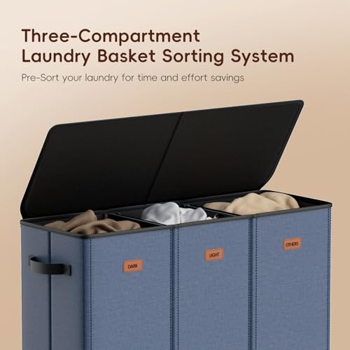 Image of 185L Laundry Hamper 3 Section, Laundry Hamper with Lid, Dirty Clothes Hamper with 3 Removable Washing Bags, Extra Large Laundry Basket Organizer for Bedroom, Laundry Room, Dorm - Navy Blue