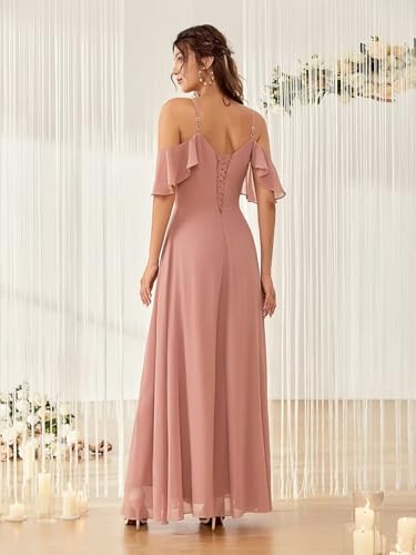 Off Shoulder Chiffon Bridesmaid Dress with Slit A line Bridesmaid Dresses 2024 Bridesmaid Dress with Spaghetti Straps4