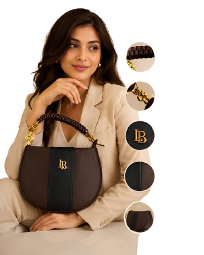 Image of LB Women's Saddle Shoulder Bag, Brown and Black, Braided Handle with Gold-Tone Hardware