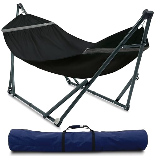Image of Tranquillo Ultimate Relaxation Portable Hammock Stand with Cotton Canvas Net, Spreader Bar, Quick Fold Unfold in 30 Seconds Steel Frame Hammock 600 lbs Capacity Outdoor, Black