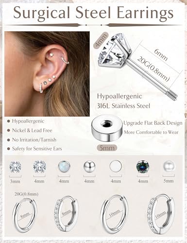 Jstyle Hypoallergenic Silver Stud Hoop Earrings for Women Small Flat Back Surgical Stainless Steel Earrings for Sensitive Ears Trendy Silver Hoops Cartilage Earring Stack Set Multiple Piercing Jewelry - Image 6