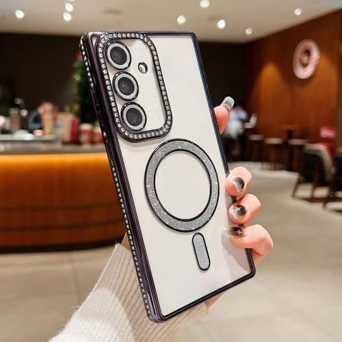 Image of for Samsung Galaxy Glitter Case,Luxury Bling Rhinestone Diamond Plated Bumper Case,MagSafe, Sparkle Camera Lens Protection Clear Back Cover (Black, for Samsung S24 Plus 5G)