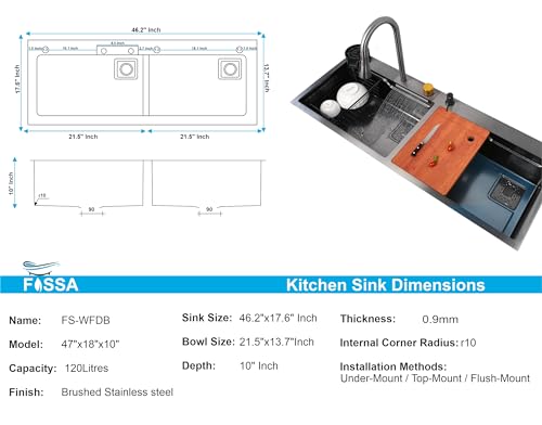 Image of Fossa 47 inchx18 inchx10 inch Inch 5-Year Warranty Double Bowl Waterfall Kitchen Sink Honeycomb Embossed Sink with black Nano Coating, Pure Stainless Steel Sink, faucet with all Accessories.