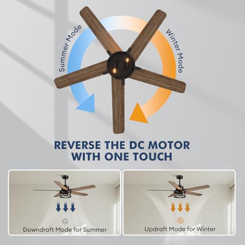Image of 52 Inch Ceiling Fans with Lights and Remote Control, Low Profile Farmhouse Ceiling Fan for Bedroom Living Room and Patio, Black Caged Ceiling Fan for Indoor and Outdoor(NO BULBS)