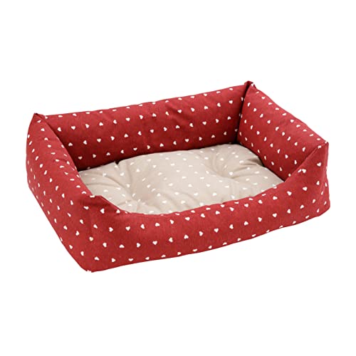 Baroni Home Cuccia per Cane in tessuto Rosso e Beige con Cuori 45x60 cm, Morbido Divano Rettangolare, Comodo, per Camera da Letto Salotto Corridoio, Lavabile