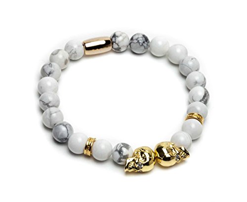 ZENGER 18kt Gold Double Skull Beaded Bracelet (White Howlite)