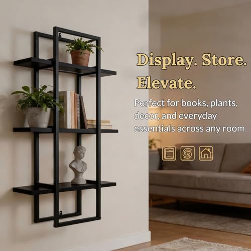 Image of Mighty Home Floating Wall Shelf with Black Metal Frame + Wooden Shelves, Wall Mounted Shelf for Books, Plants & Decor, 3 Tier DIY Organizer for Home & Office, Black