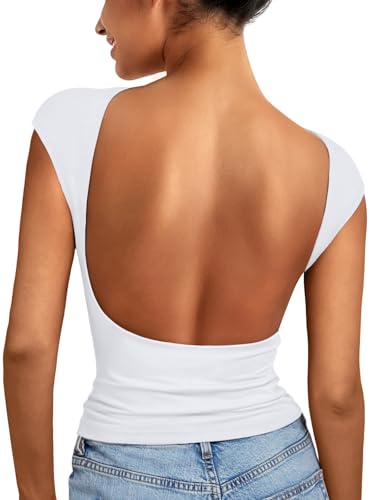 EFAN Womens Backless Tops Open Back Shirts Summer Crop Shirts Short Sleeve Cute Clothes Y2k Clothing 2025 White XS