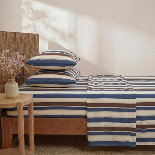 Image of Merryword Blue Cabana Striped Sheet Set King Size - 100% Cotton Striped Bedding 4 Pieces, Soft Breathable Percale Weave, 17.5 inch Deep Pocket, Luxury Linen Like, All Season Comfort