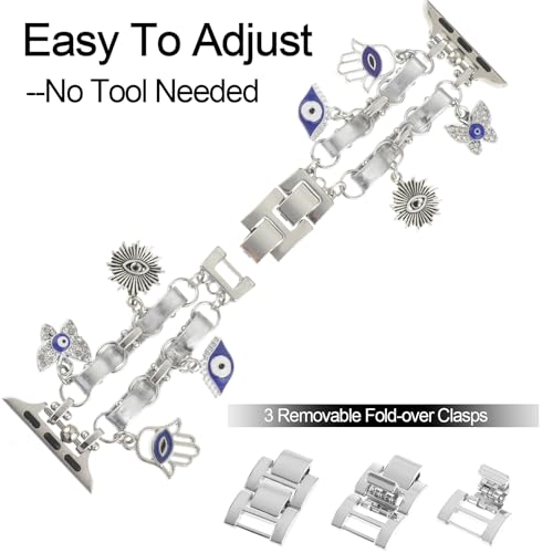 REALSIGN Stylish Wristband Compatible with Apple Watch Band 42mm 44mm 45mm 49mm,Cute Strap with Butterfly Evil Eyes Pendants Bracelet for iWatch Series 9 8 7 6 5 4 3 SE Ultra Charms Girl(42MM,Eyes