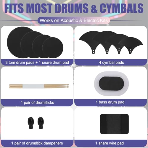 12-Piece Drum Mute Pads Set - Foam Drum Silencer Pads for 10 12 14 16 Inch Drums with Cymbal Mufflers and Hi-Hat Pad - Noise Reducing Practice Pads for Acoustic & Electric Drum Kits - Thumbnail 3