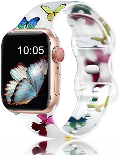 Witzon Compatible with Apple Watch Band Series 8/7/6/5/4/3/2/1/SE/Ultra, iWatch 38mm 40mm 41mm 42mm 44mm 45mm 49mm Bands for Women, Cute Print Silicone Sport Strap Replacement Accessories (Butterflies, 38/40/41mm S/M)
