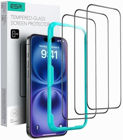 ESR 3 Pack for iPhone 16/15 Tempered Glass Screen Protector, Align Frame