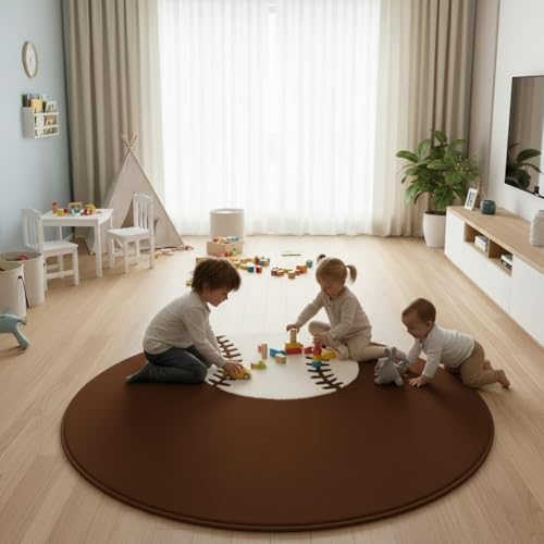 Image of Modern Shaggy Round Rug | Ultra-Soft Plush Circle Carpet for Living Room, Bedroom, Nursery | Fuzzy, Fluffy Area Rug with Non-Slip Base Coffee Double Ball 6x6 feet