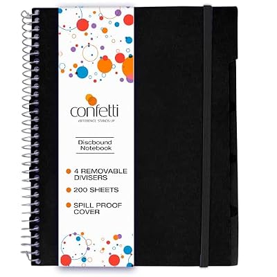 Confetti Spiral Notebook - Hole Punched - 4 Removable Dividers, Spill Proof Cover, Closing Elastic Band, Storage Pocket - Sturdy Bound Notepad, School & Office Supplies - 200 Sheets - Black