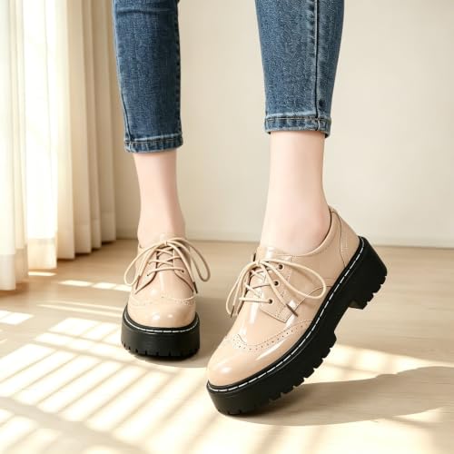 Image of Womens Oxford Shoes Black Leather Platform Oxford Shoes for Women Brogue