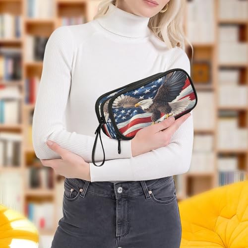 Image of ALAZA Bald Eagle American Flag Pencil Case Large Capacity Pencil Pouch Box Boys Girls School Supplies Pen Case Bag with Handle 3 Compartments Zipper