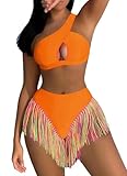 Segreto Women's Multicolored Tassels Bikini Sets Two Piece Swimsuit Tube Bra and Briefs Swimwear One Shoulder Bathing Suits