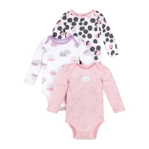 Lamaze Baby Girls' Super Combed Natural Cotton Long Sleeve Bodysuit, Snap Closure, 3 Pack, Pink/White Stars And Hearts, 3 Months #TOP8