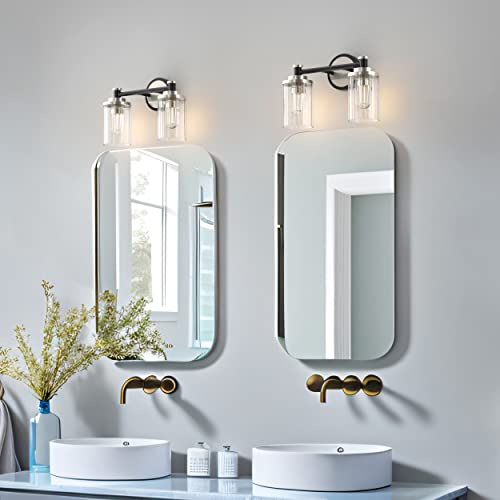 Image of Bathroom Lighting Fixtures Black and Brushed Nickel Bathroom Vanity Light with Cylindrical Clear Stripes Glass Lampshade E26 Socket Base Bathroom Lighting Fixtures Over Mirror (2 Lights)