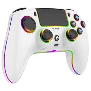 MYSTILUCK Wireless Controller für PS-4/PS-3/Pro/PC/MAC/iOS/An... Deck, Gamepad mit 7 Farben RGB Beleuchtung/Dual Vibration/Turbo/Lautspreche... mAh Akku, Weiß