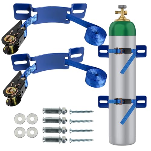 2PCS Propane Tank Bracket Cylinder Wall Mounted Brackets, with 6.6ft Ratchet Straps, Steel Gas Cylinder Holder, Heavy Duty Nitrogen Tank Holder (Blue)
