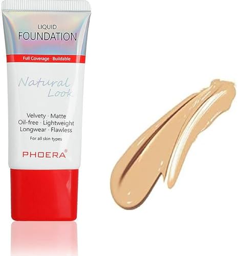 PHOERA Velvety Matte Foundation Full Coverage Long Wear Liquid Foundation Oil-Free Smooth Finish Makeup Lightweight Buildable for All Skin Types (NATURAL BEIGE)