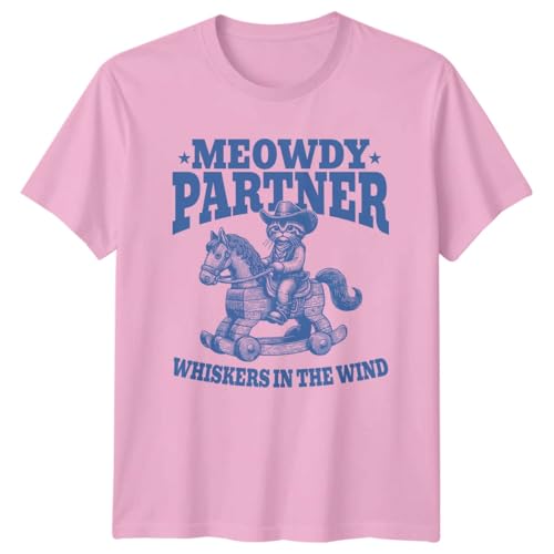 Image of Sassy Souls Meowdy Partner Whiskers in The Wind T-Shirt Cat Lover Cowboy Western Rocking Horse Humor Birthday Gift for Him and Her M Light Pink