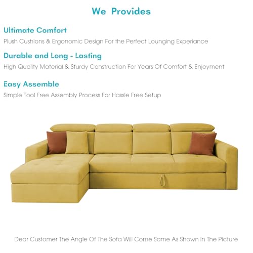 Image of Casaliving Gagnon LHS 6 Seater L Shape Corner Sofa Cum Bed for Living Room (Yellow Fabric) Premium Fabric Sofa