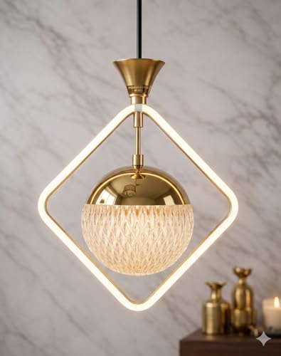 Image of Darkvision Modern LED Hanging Ceiling Light for Living Room | Contemporary Pendant Fixture Gold Sqaure Pendant Light | 3 in 1 Color Changing Lighting for Dining Room, Kitchen Restaurant and Home Decor