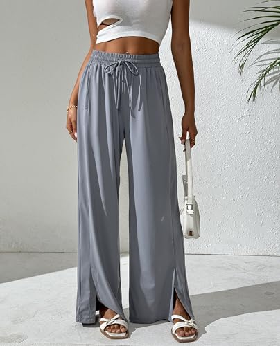 Women's Summer Pants Cool Silky Comfy Wide Leg Split Stretch Casual Lounge Beach Trouser with Pockets2