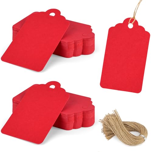 Koogel 120PCS Red Gift Tags, Paper Tags Blank Tags with String Hanging Tags for DIY Crafts Wedding Birthday 2.8 x 1.6 Inch, Medium